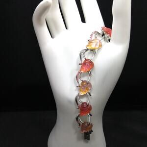 Vintage 1950s Signed Peach Lucite Leaves Bracelet, Silver Tone